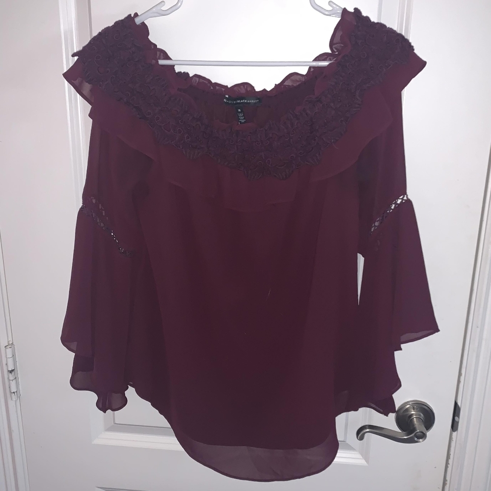 White House Black Market Boho Crochet Trim Top Bell Sleeve Size Medium - Picture 4 of 10